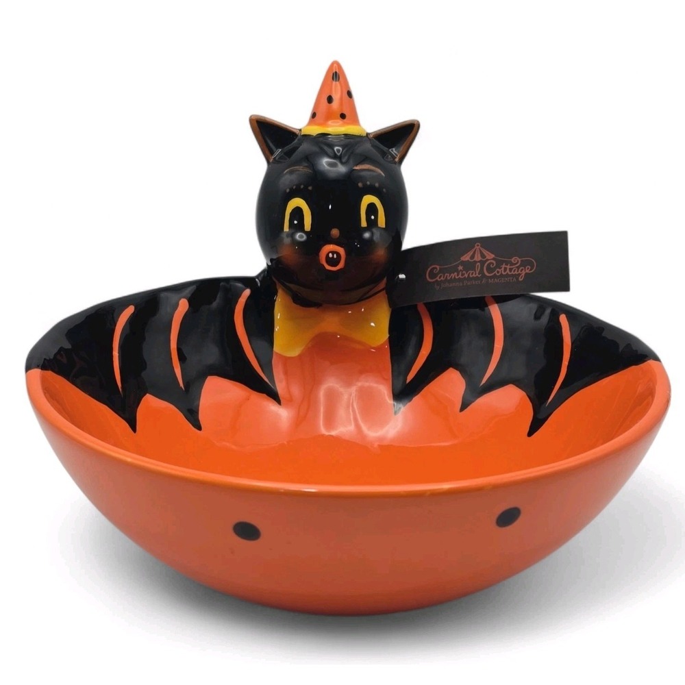 Johanna Parker Bat Candy Bowl Carnival Cottage Halloween Black Orange Magenta
